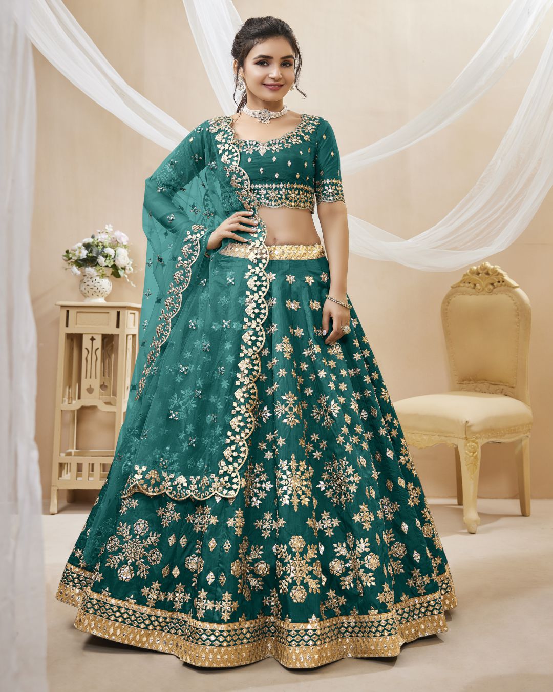 Dazzling Teal Green Embroidered Work Art Silk Bridesmaid Lehenga Choli