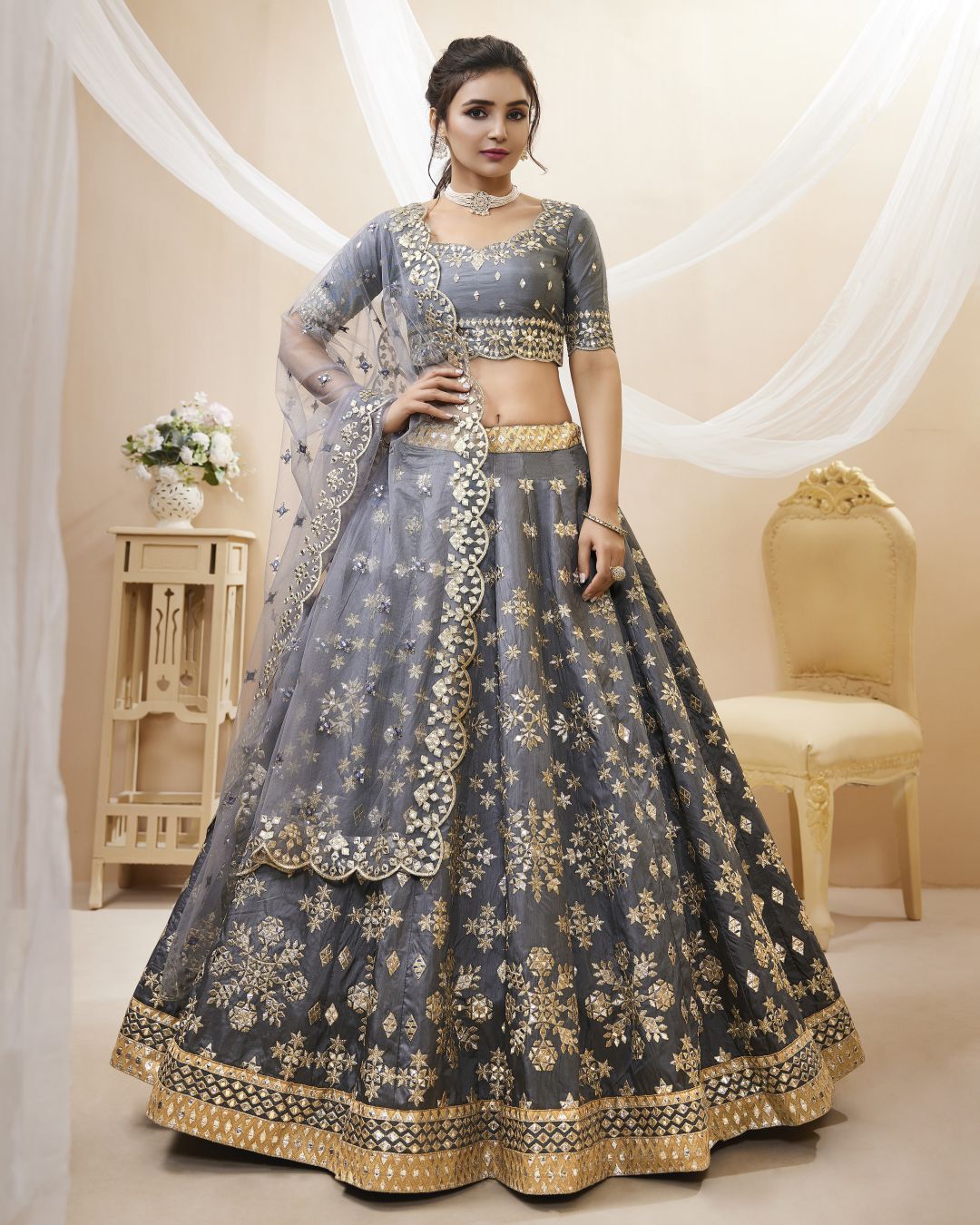 Marvelous Grey Paper Mirror Work Art Silk Reception Wear Lehenga Choli