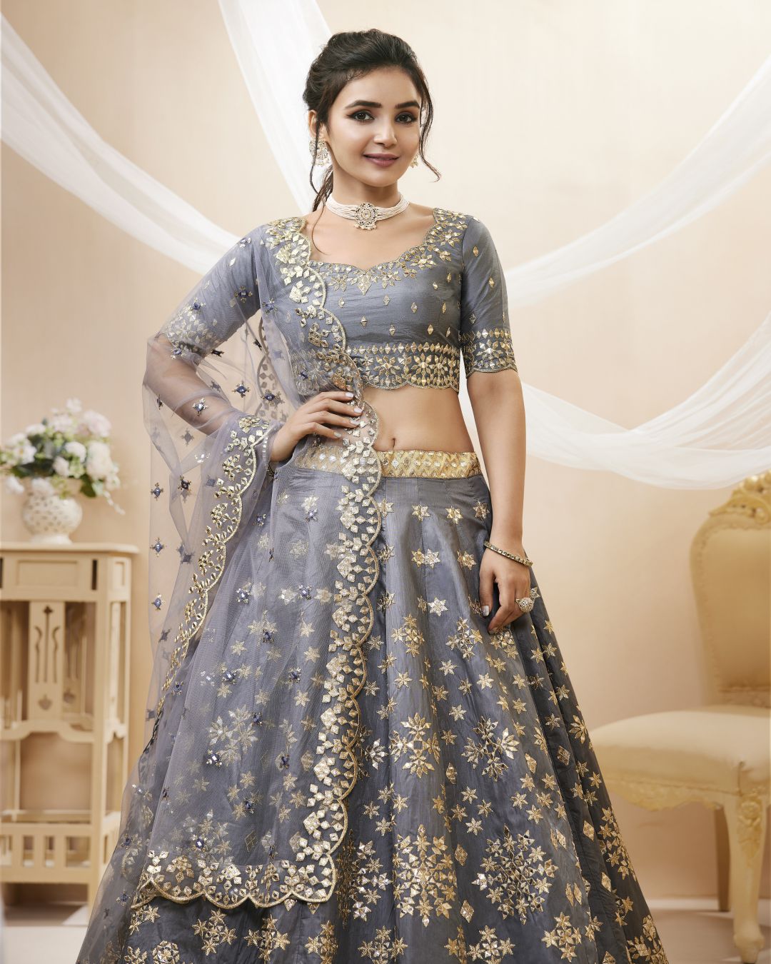 Marvelous Grey Paper Mirror Work Art Silk Reception Wear Lehenga Choli