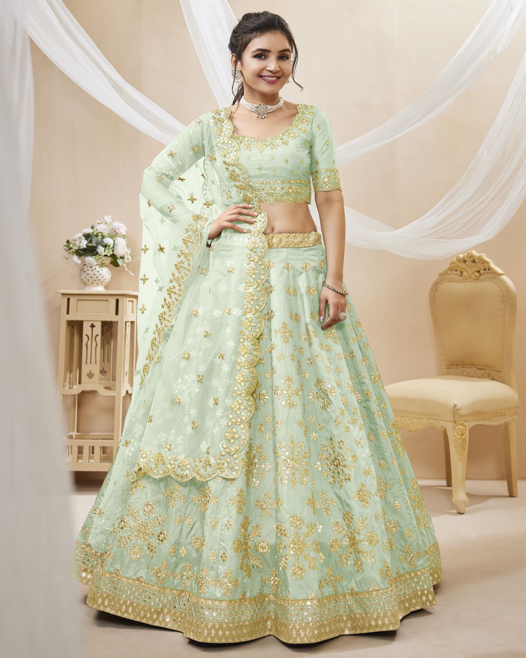 Fascinating Pista Green Embroidered Art Silk Lehenga Choli