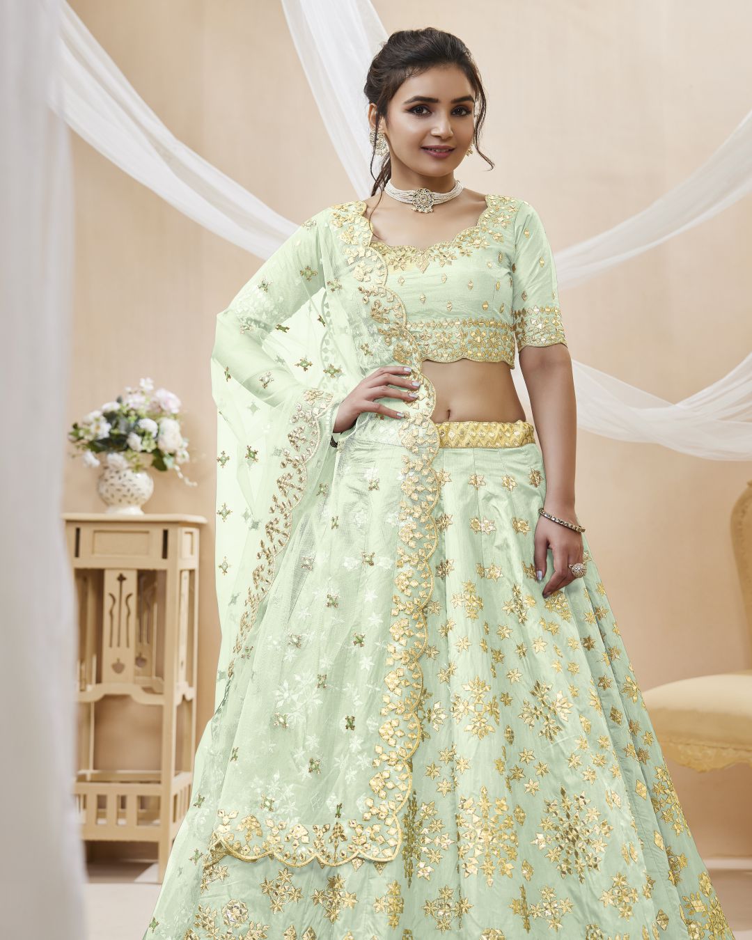 Fascinating Pista Green Embroidered Art Silk Lehenga Choli