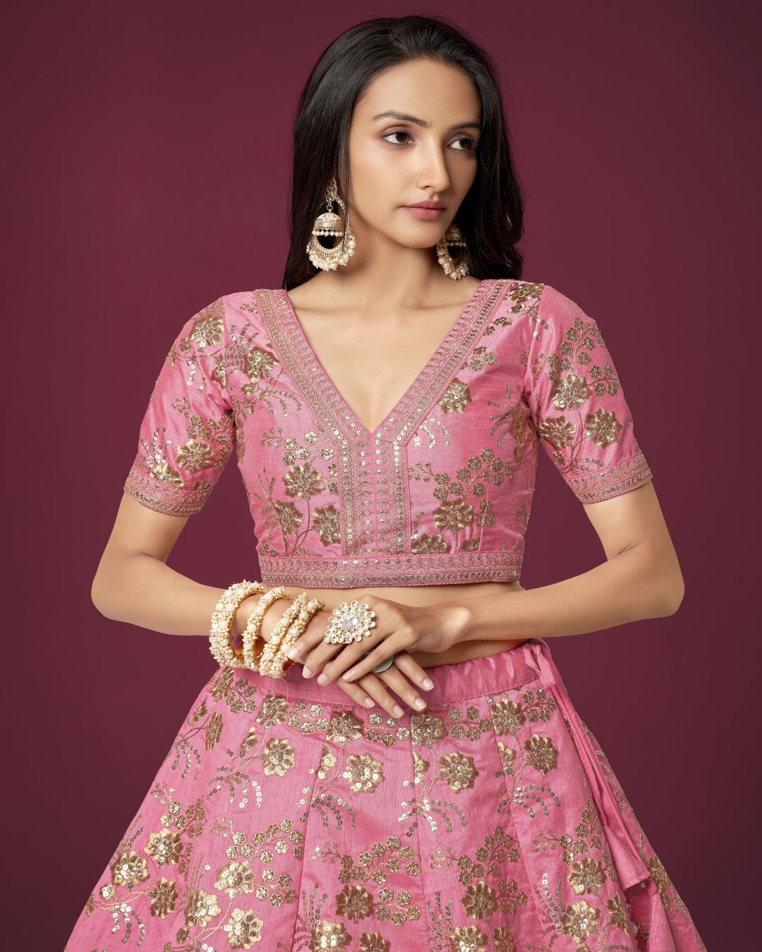 Appealing Pink Sequins Slub Silk Reception Wear Lehenga Choli