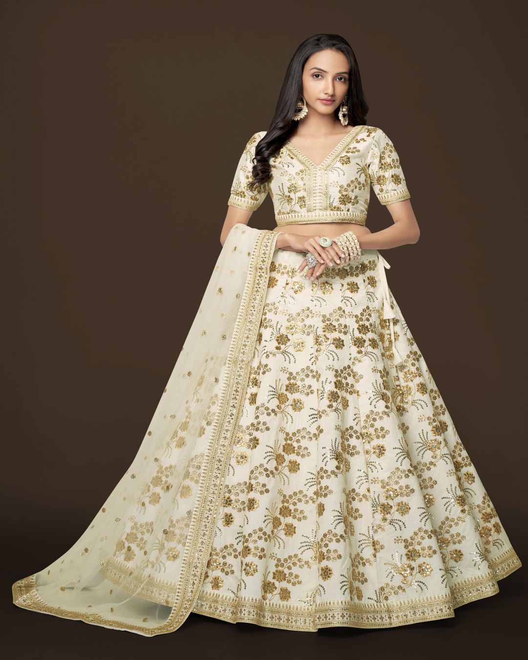 Adorable White Sequins Slub Silk Engagement Wear Lehenga Choli