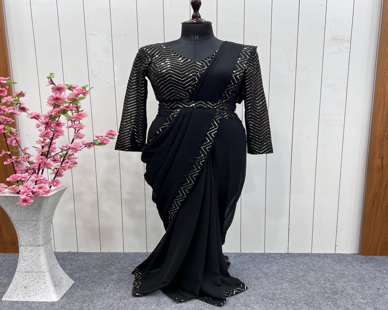 Black Faux Georgette Border Lace Work Saree With Stitched Blouse