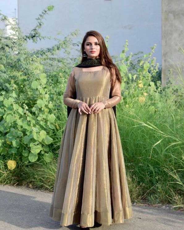 Bronze Gold Color Lama Fabric Base Gown Set