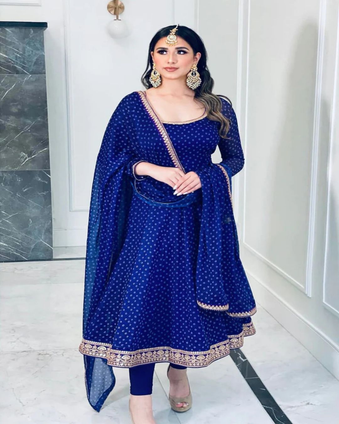 Blue Soft Chiffon Bandhni Anarkali