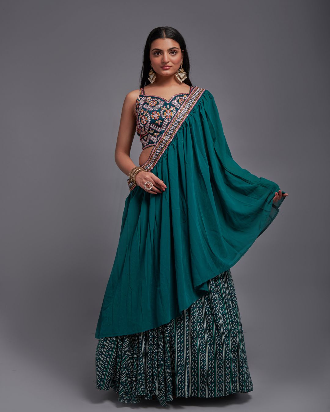 Teal Green Digital Printed Viscose Silk Lehenga in