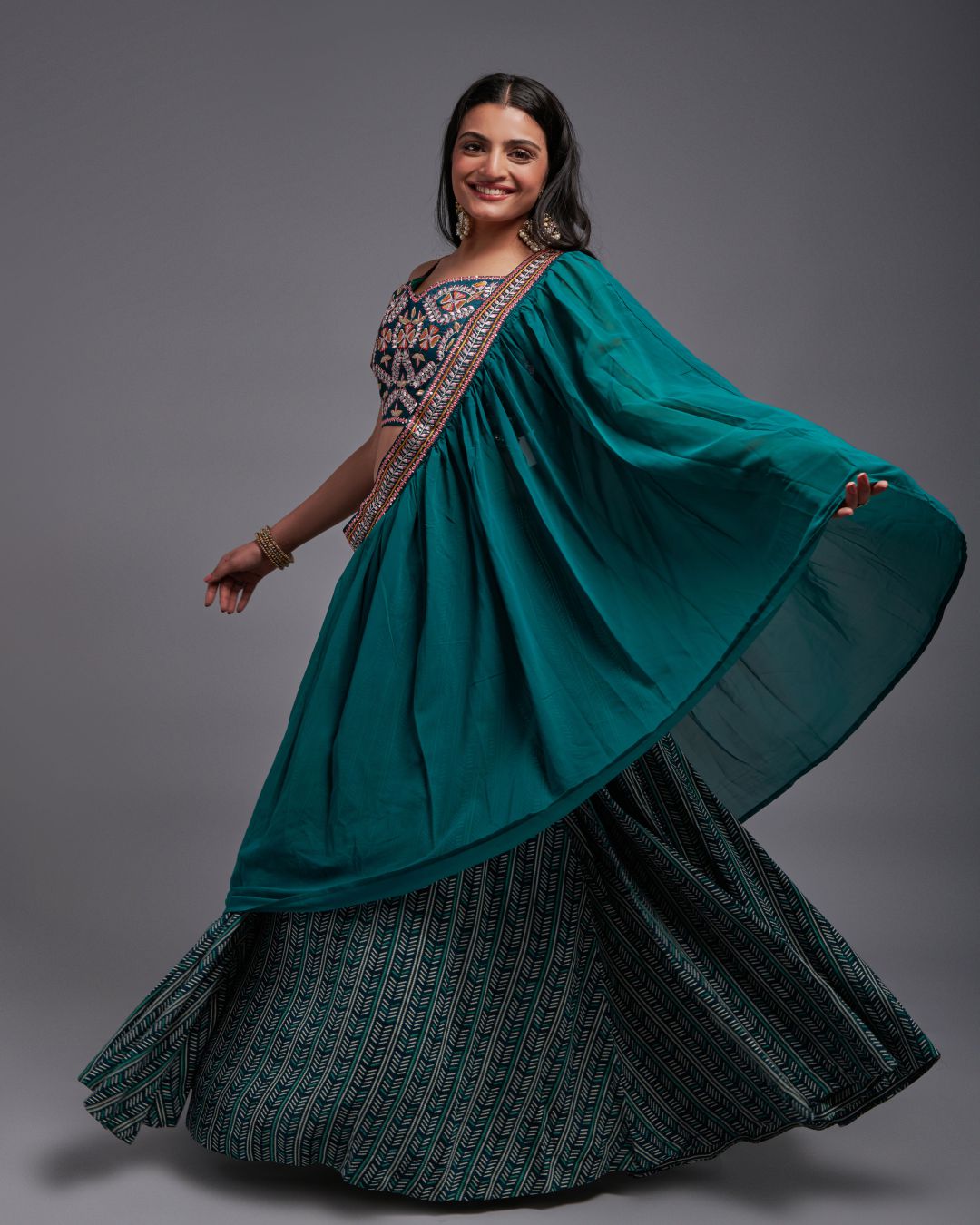 Teal Green Digital Printed Viscose Silk Lehenga in