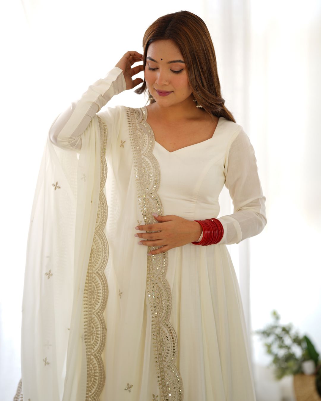 White Color Anarkali Embroidery Work Gown