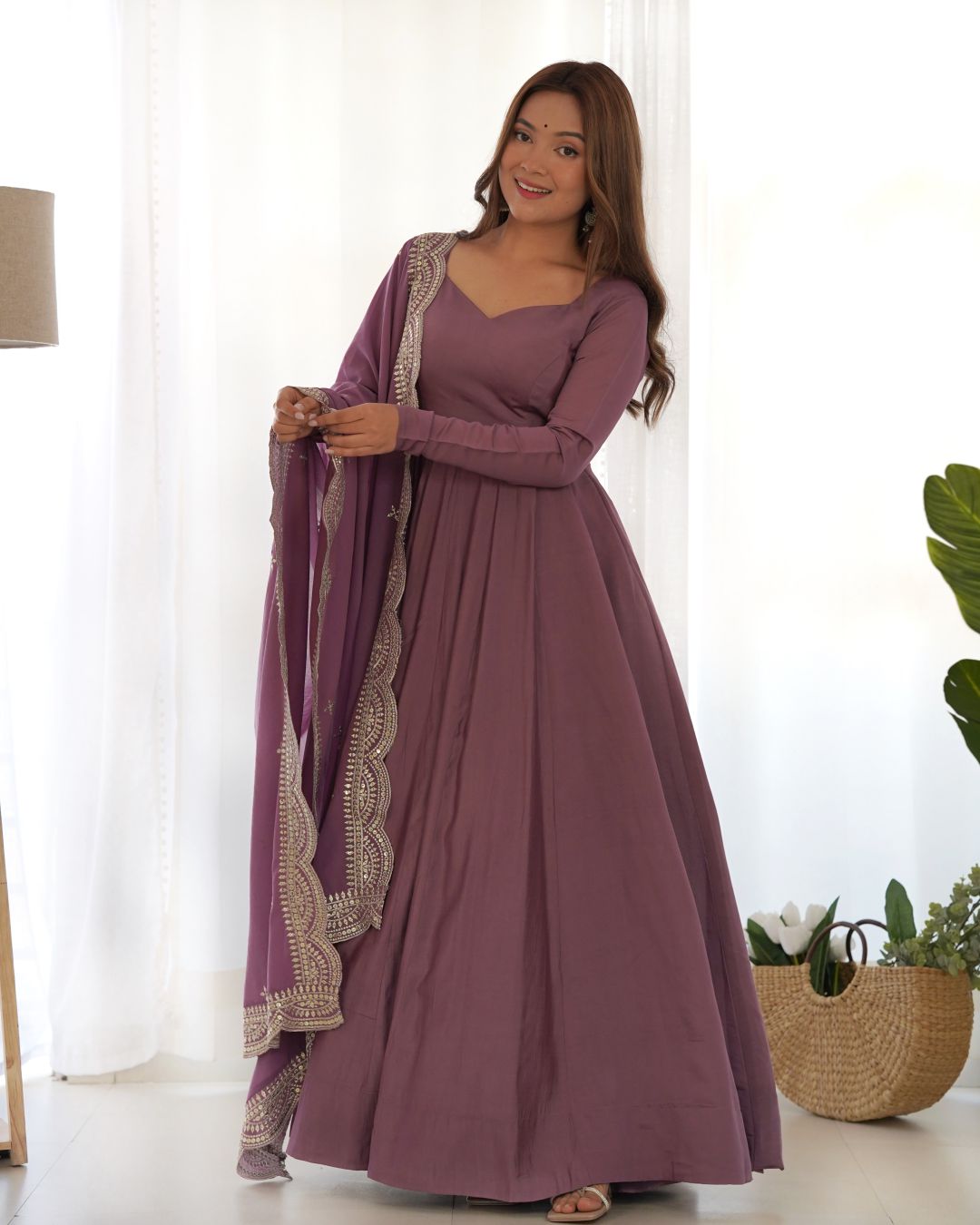 PURPLE PURE ROMANSILK CHANDERI FABRIC EMBROIDERY SEQUENCE ANARKALI SUIT