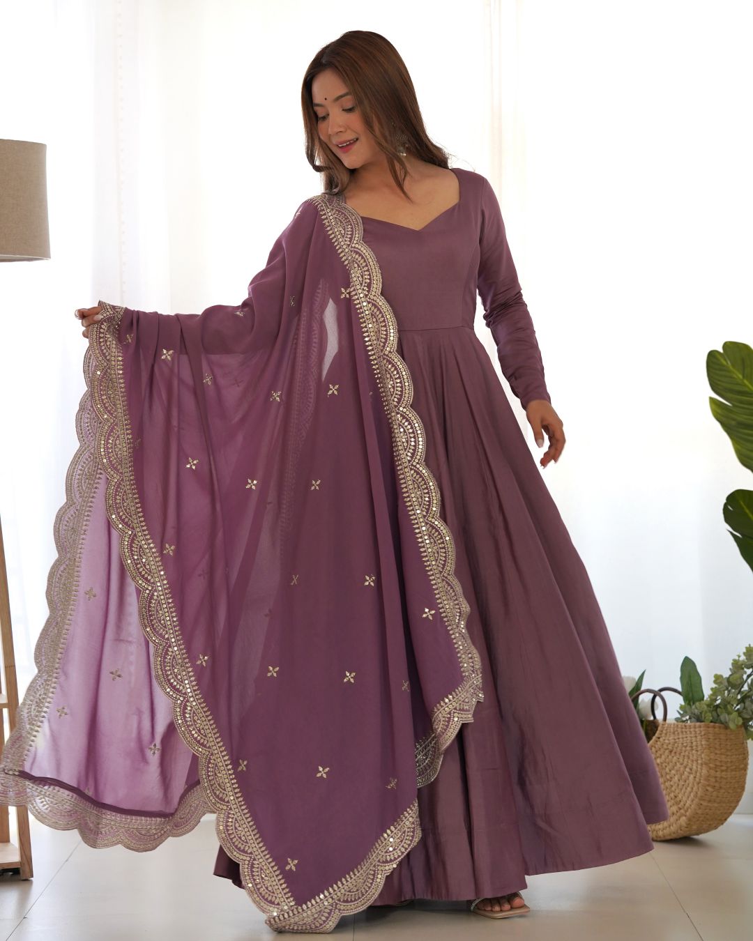 PURPLE PURE ROMANSILK CHANDERI FABRIC EMBROIDERY SEQUENCE ANARKALI SUIT