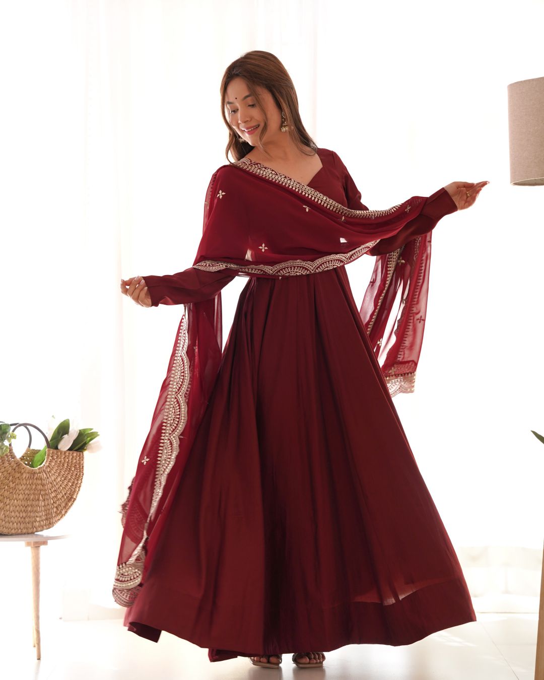 Dark Maroon Roman silk Flared Anarkali