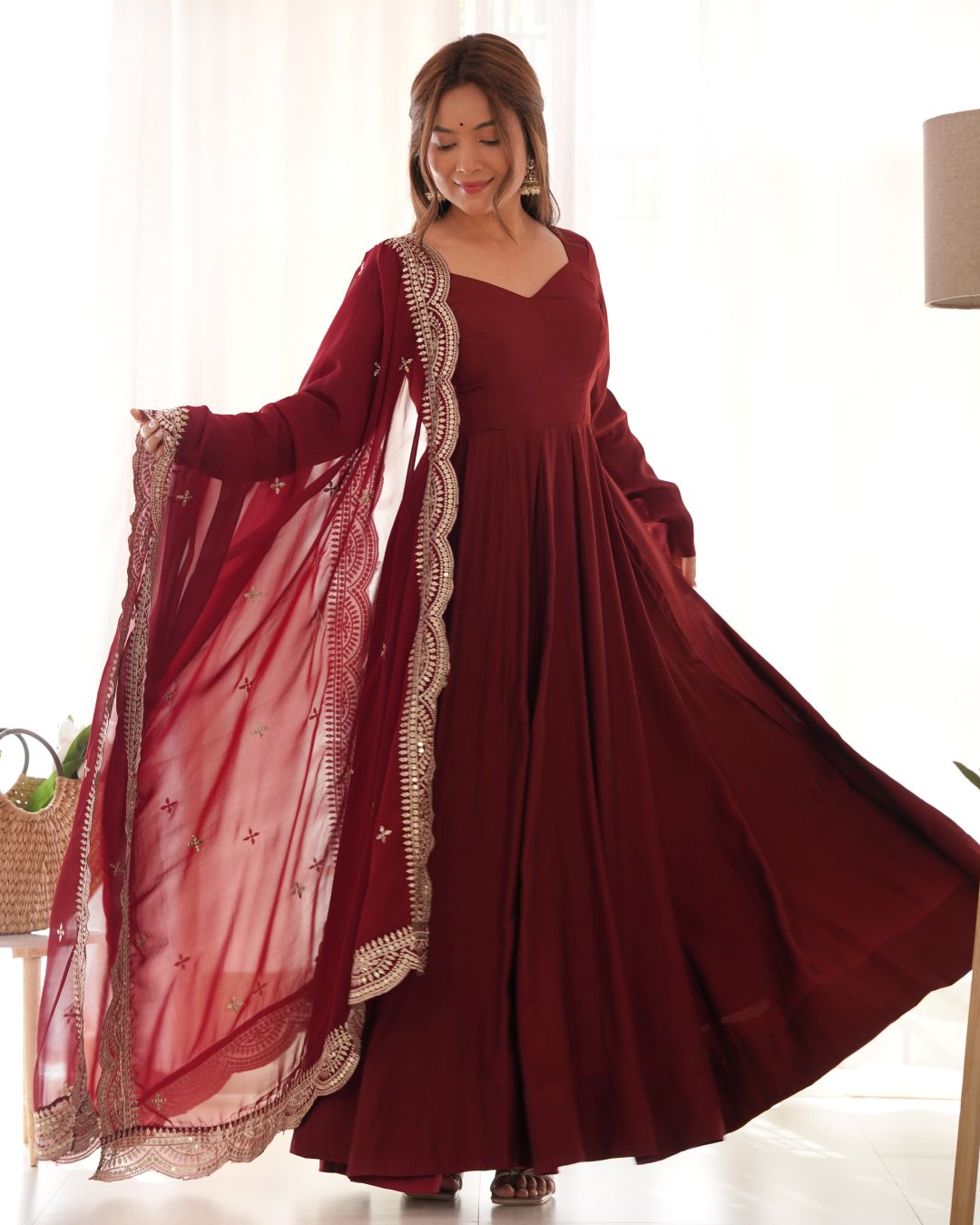 Dark Maroon Roman silk Flared Anarkali