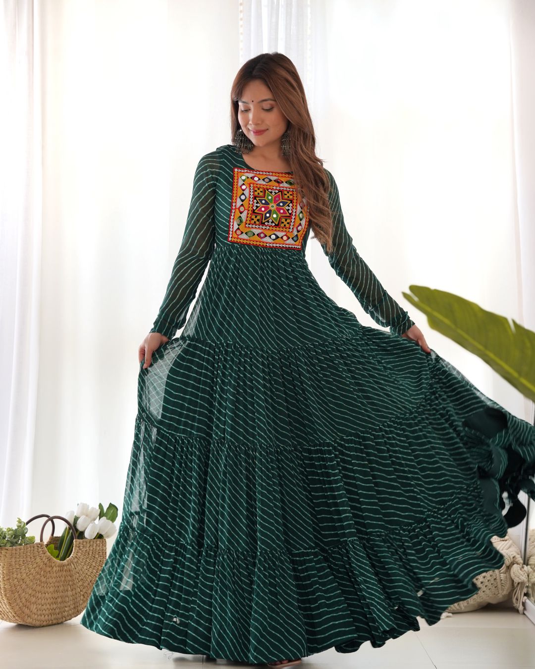 Green Leheriya anarkali gown set