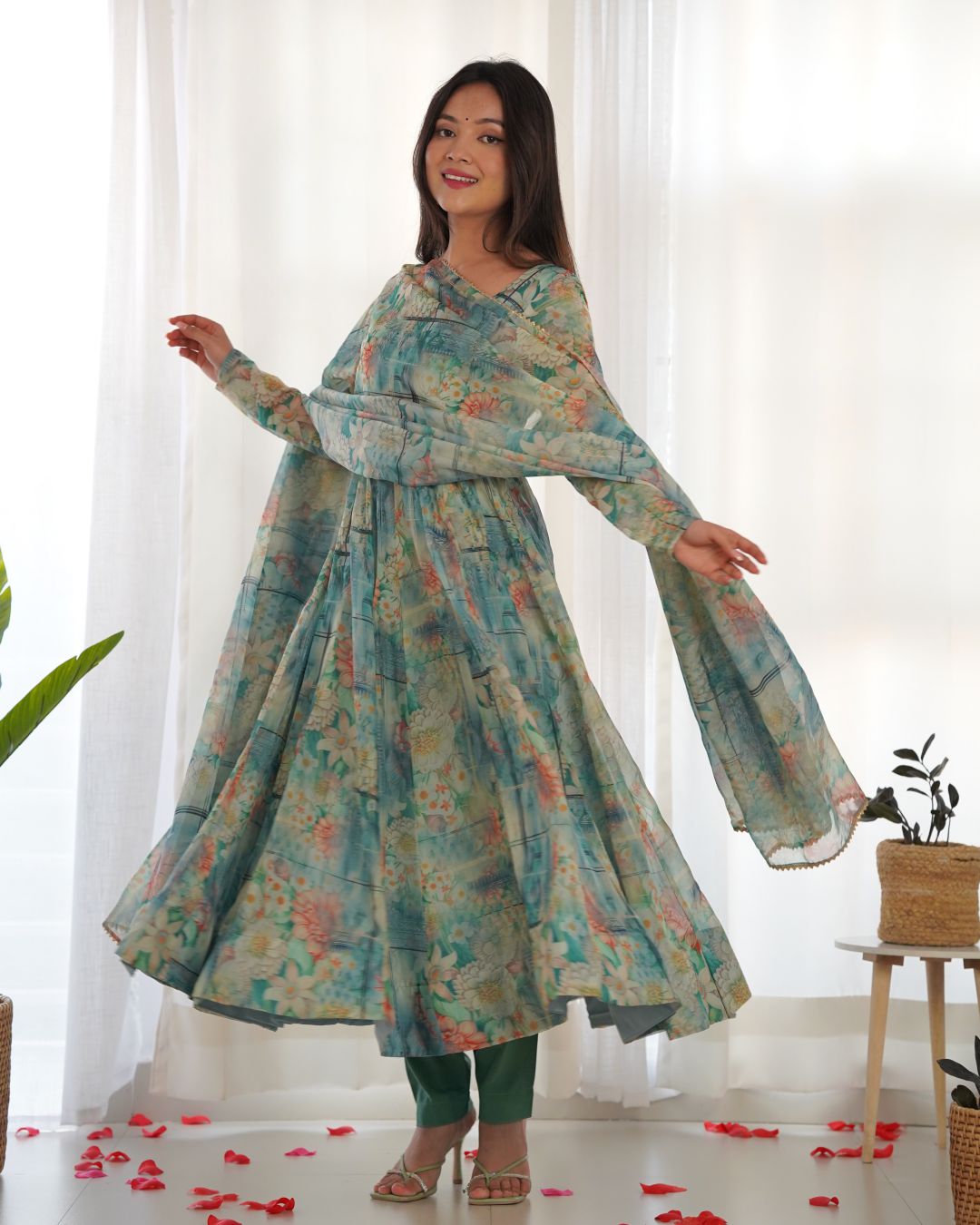 Green Digital Flower Printed Anarkali Suit Fancy For Women Designer