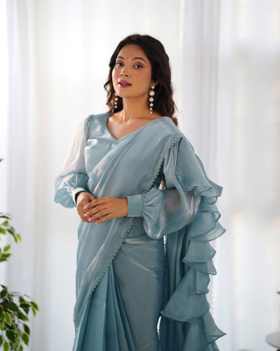 Charming Blue Organza Party Wear Readymade Saree With Blouse