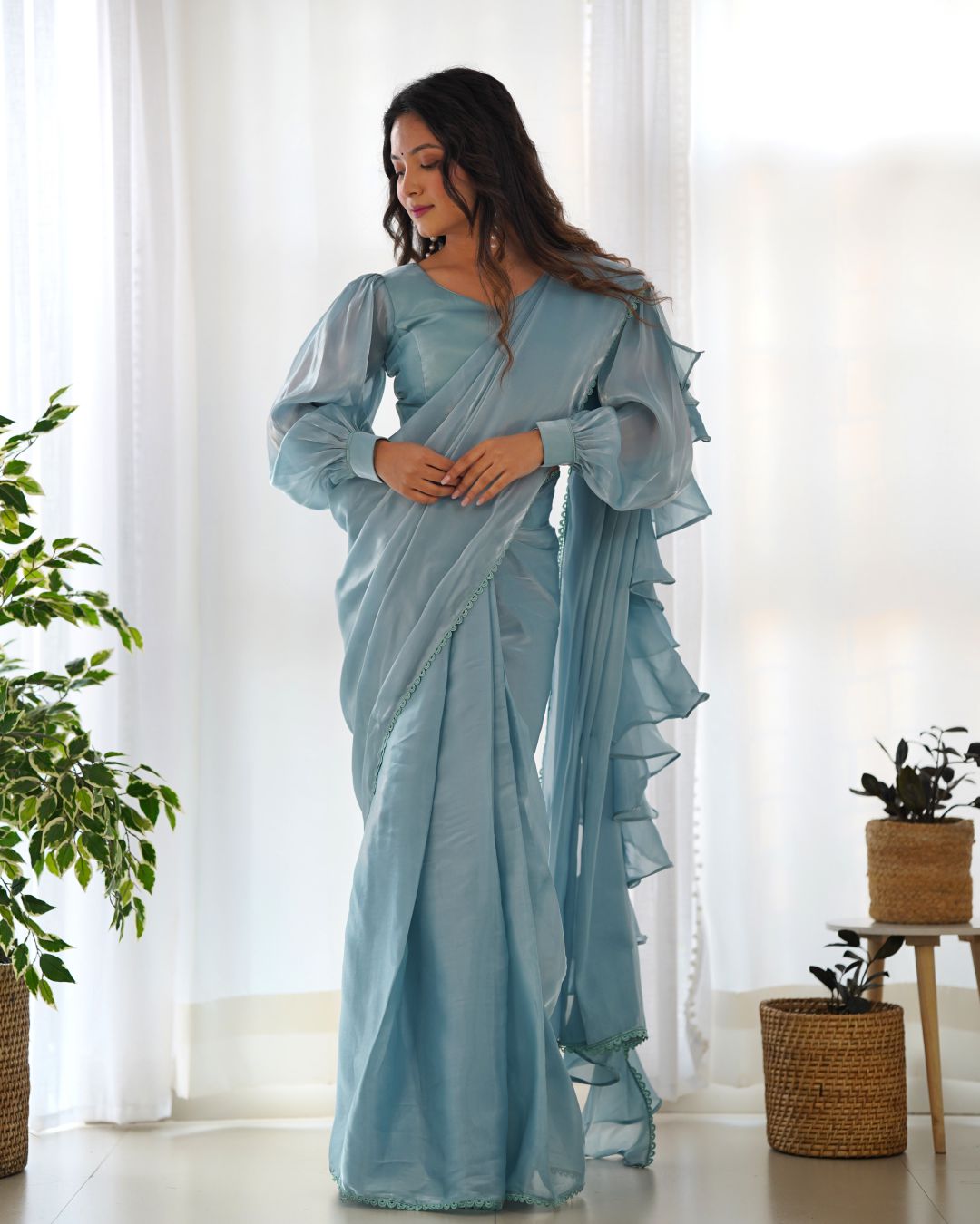 Charming Blue Organza Party Wear Readymade Saree With Blouse