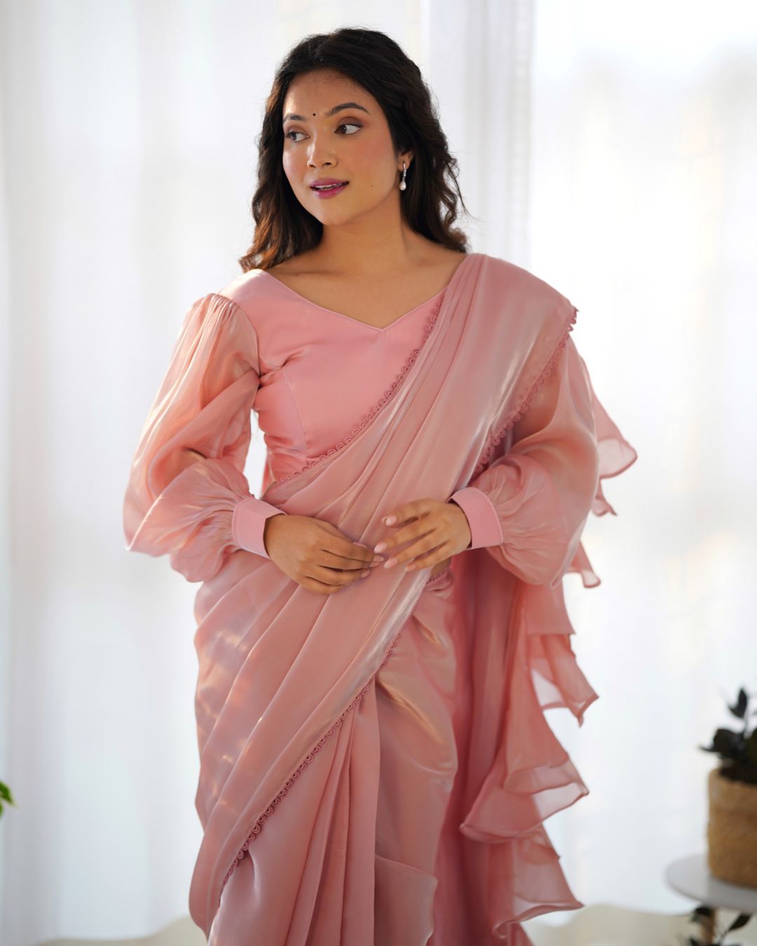 Fascinating Peach Organza Designer Readymade Saree With Blouse