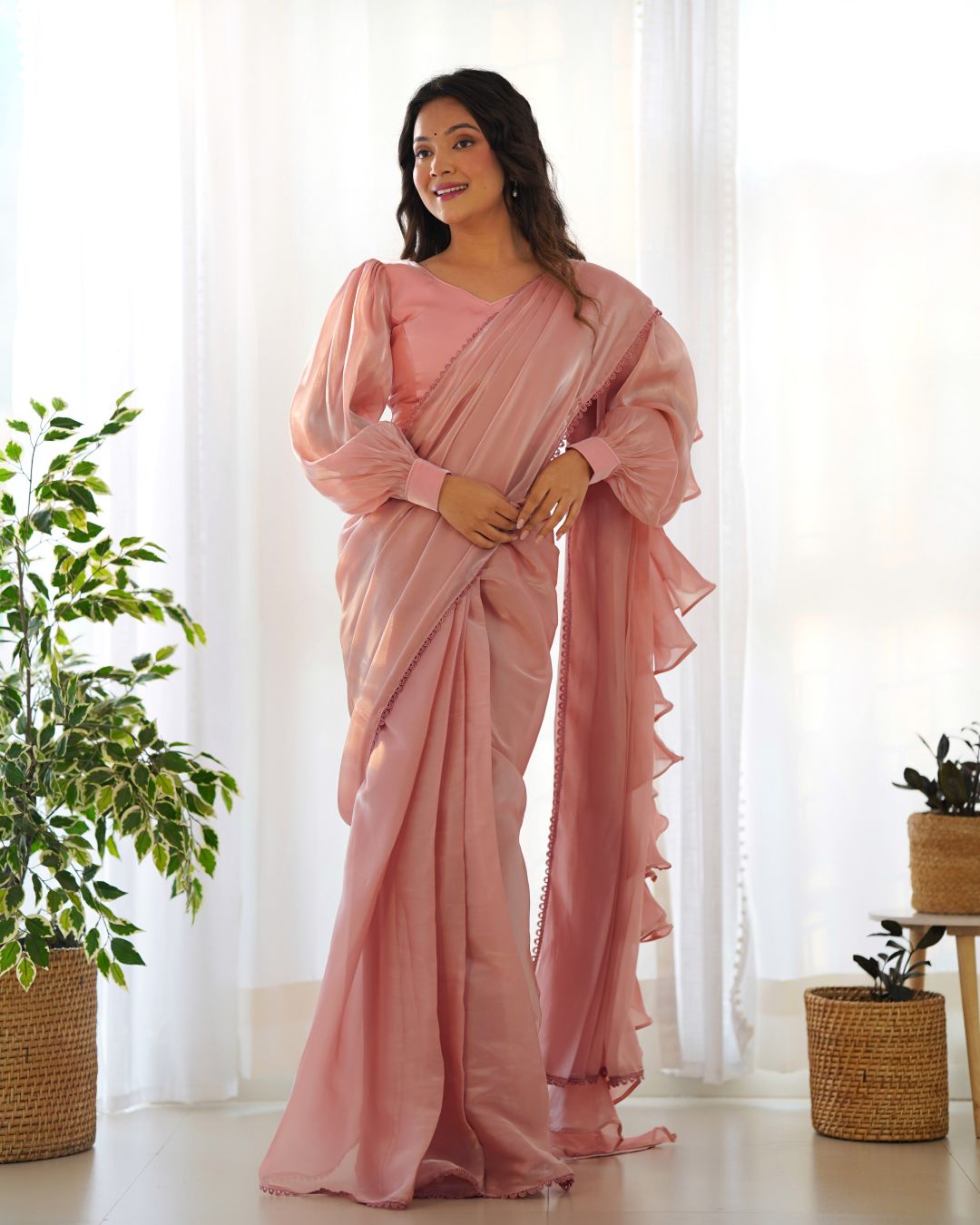 Fascinating Peach Organza Designer Readymade Saree With Blouse