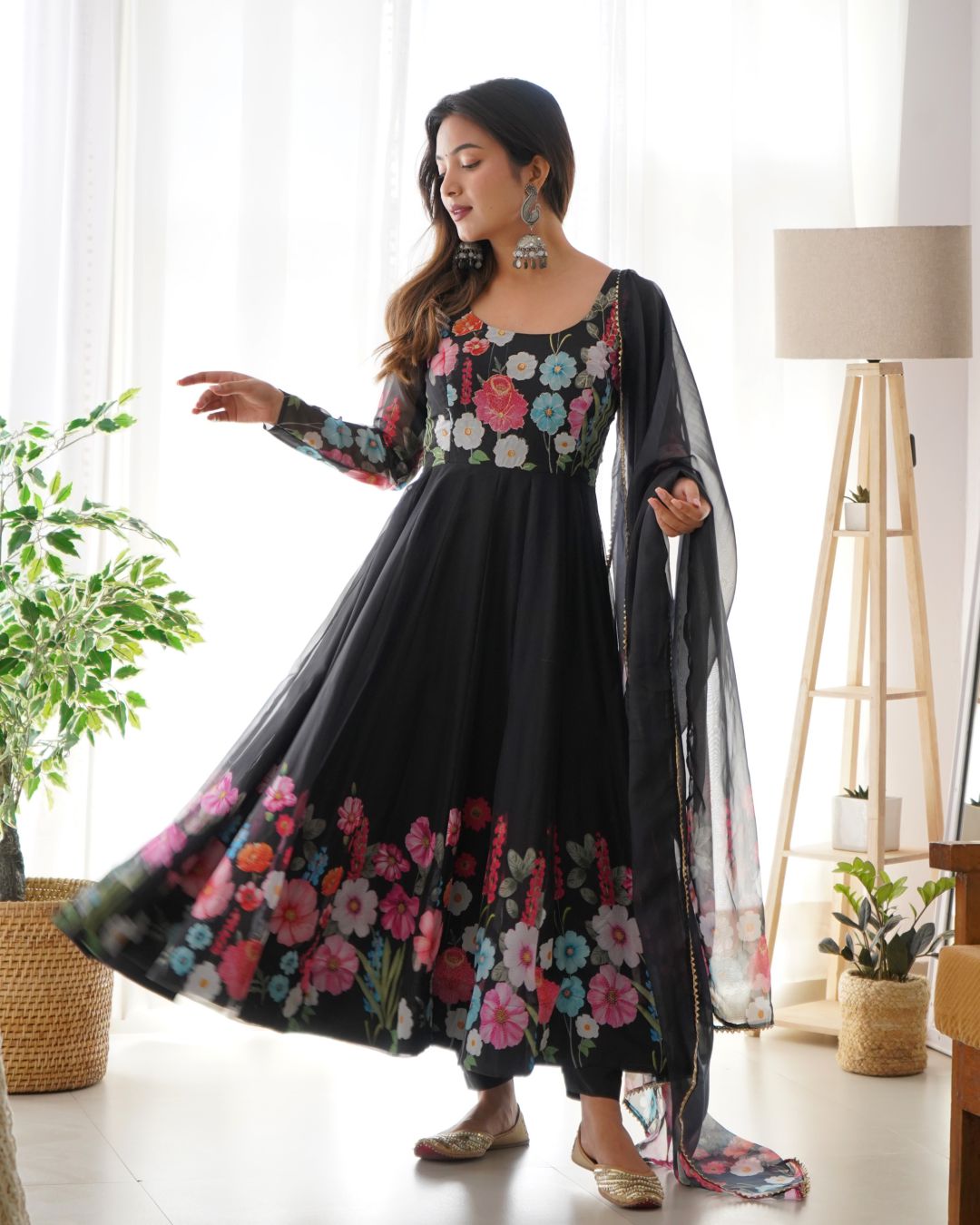 DIGITALLY PRINTED & EMBROIDERED YOKE PURE SOFT ORGANZA ANARKALI SUIT WITH HUGE FLAIR COMES WITH DUPPATTA