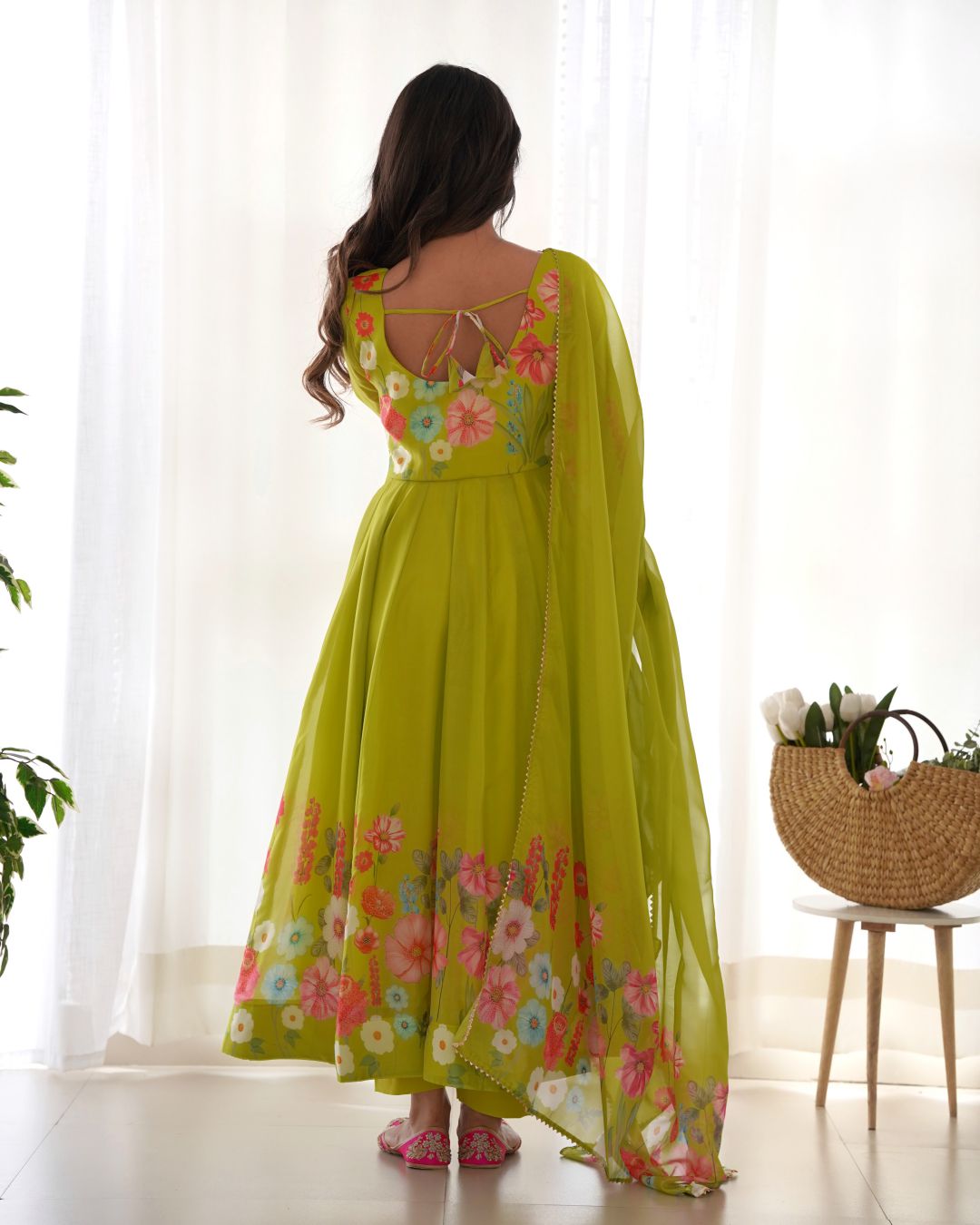 NEON COLOR FLORAL PRINT ORGANZA THREE PIECE ANARKALI SUIT