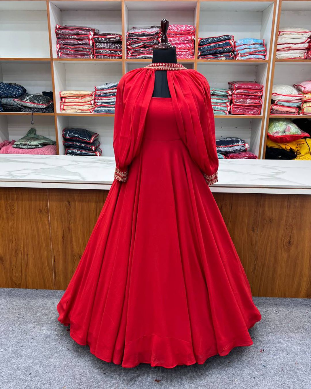 RED TRENDY SLEEVES PATTERN PURE FOX GEORGETTE GOWN