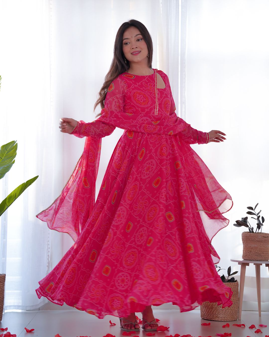 Pink Color Bandhej Print Soft Chiffon Stylish Neck Three Piece Anarkali Gown