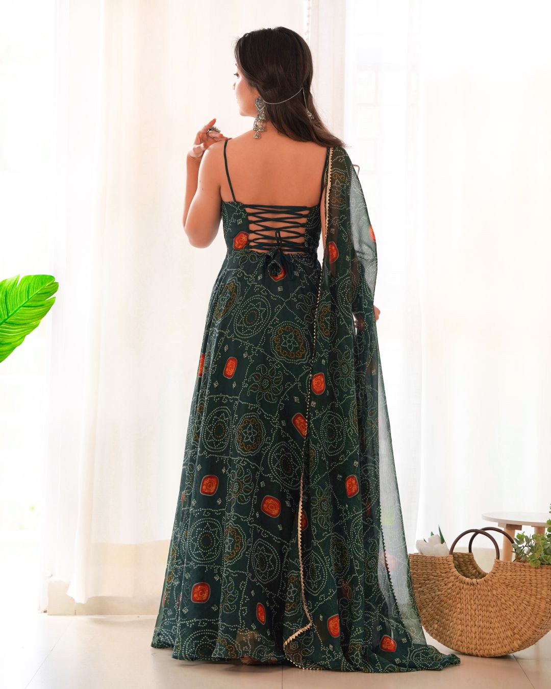 Green Color Bandhej Print Soft Chiffon Stylish Neck Three Piece Anarkali Gown (Copy)