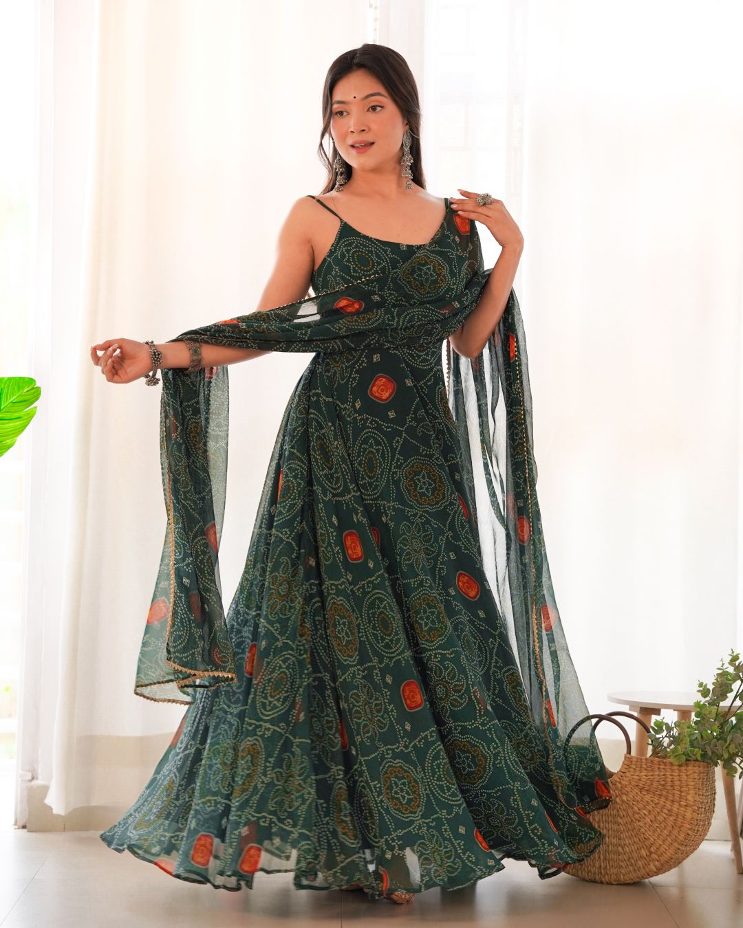 Green Color Bandhej Print Soft Chiffon Stylish Neck Three Piece Anarkali Gown (Copy)