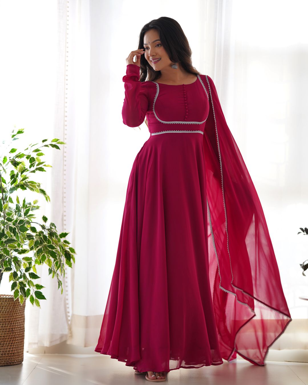 Lace Border Georgette Abaya Style Suit in Fuchsia