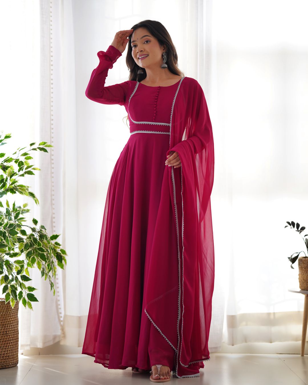 Lace Border Georgette Abaya Style Suit in Fuchsia