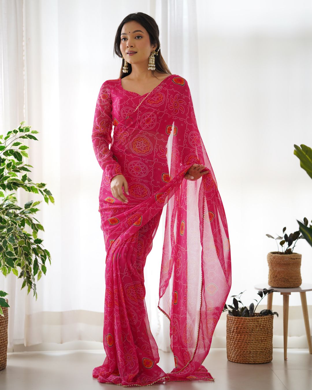 Beautiful Pink Bandhej Print Sare