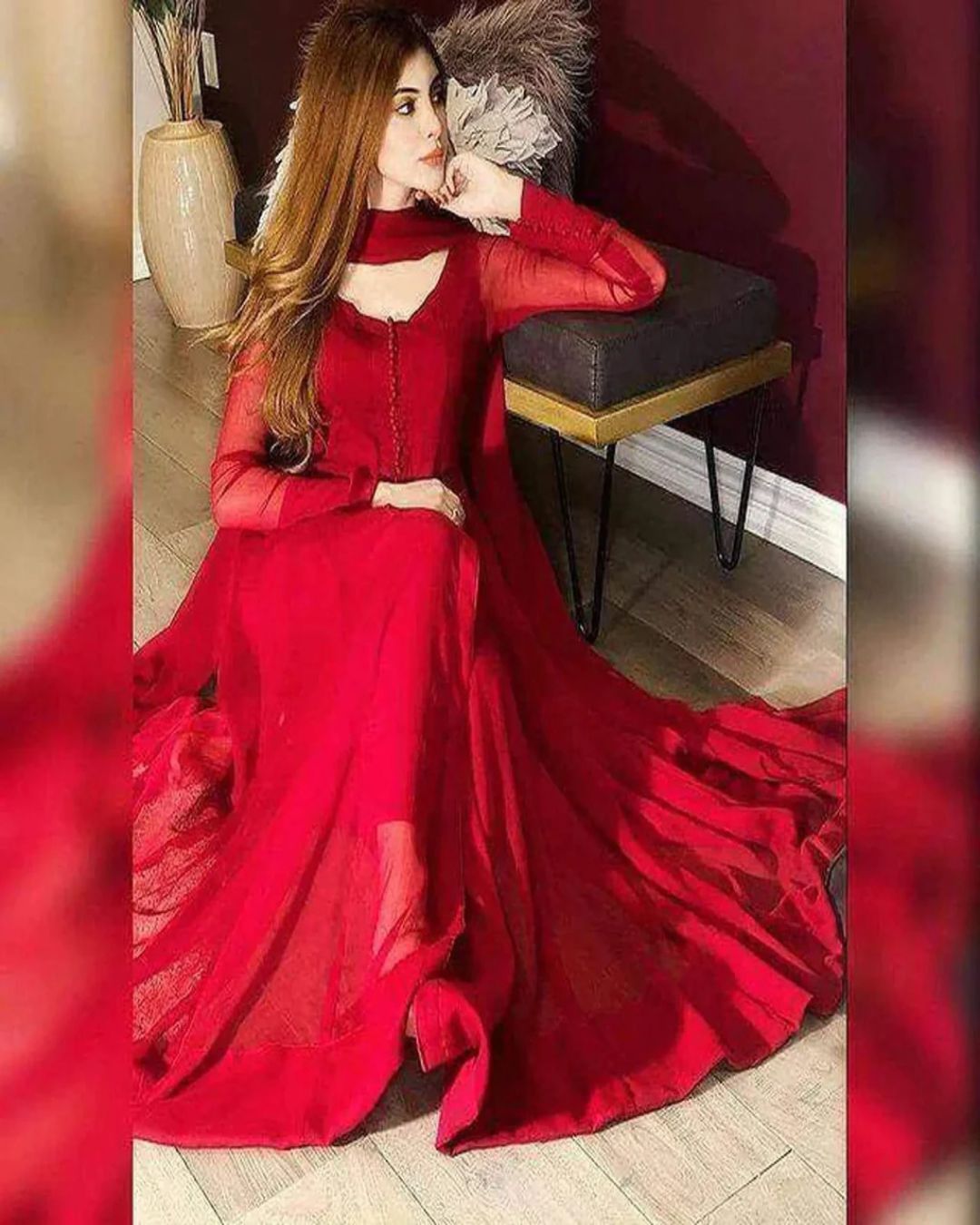 Red Georgette Anarkali Suit with Dupatta Set for Casual Party Wedding