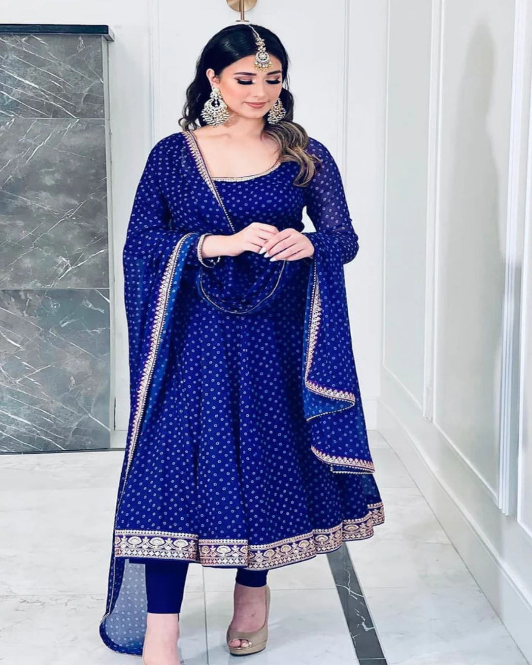 Blue Soft Chiffon Bandhni Anarkali