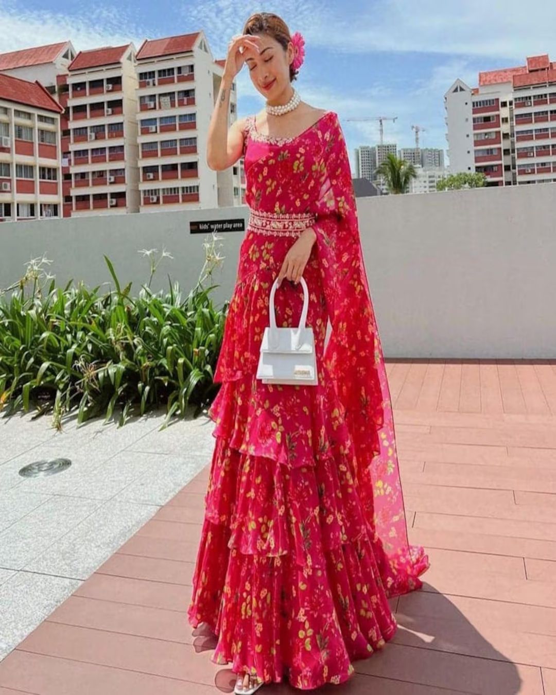 Pink Floral Georgette Ruffle Lehenga Saree With Belt