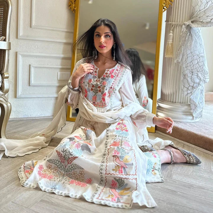 Beautiful White Designer Straight Kurta Palazzo & Dupatta Set