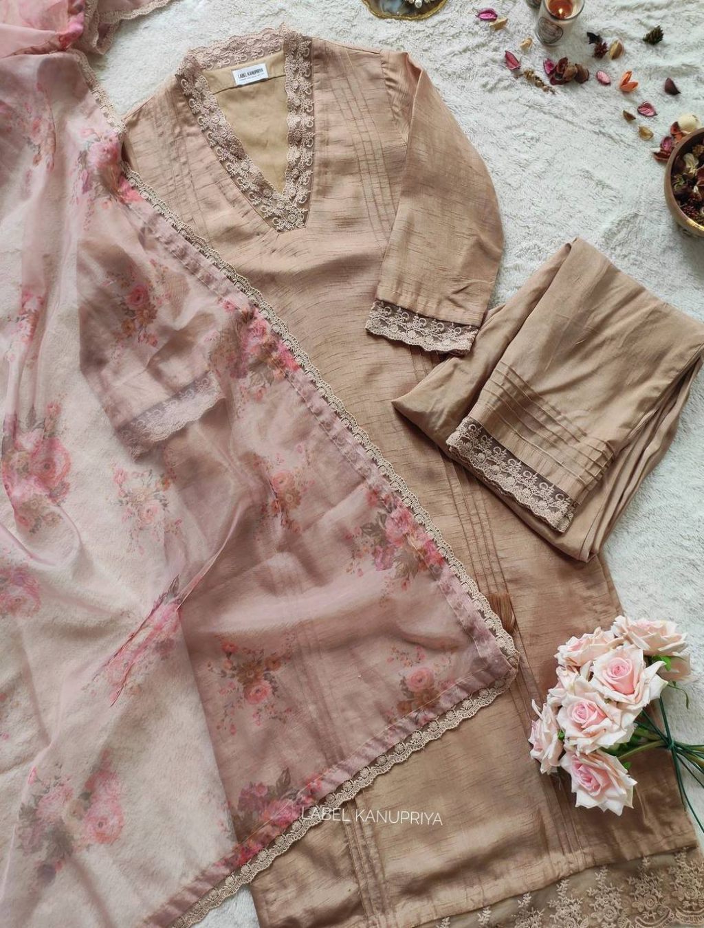 Dusty Pink Soft Cotton Silk Kurti Palazzo With Dupatta