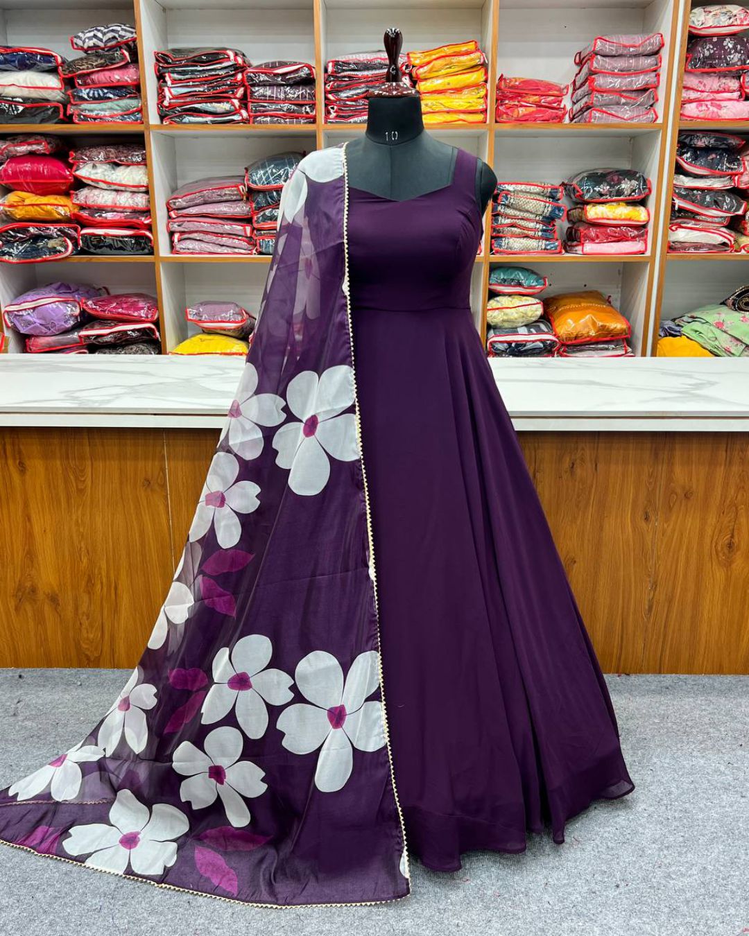 Presenting New Dark Wine Colour Pure Soft Fox Georgette Fully Flair Gown Dupatta Set