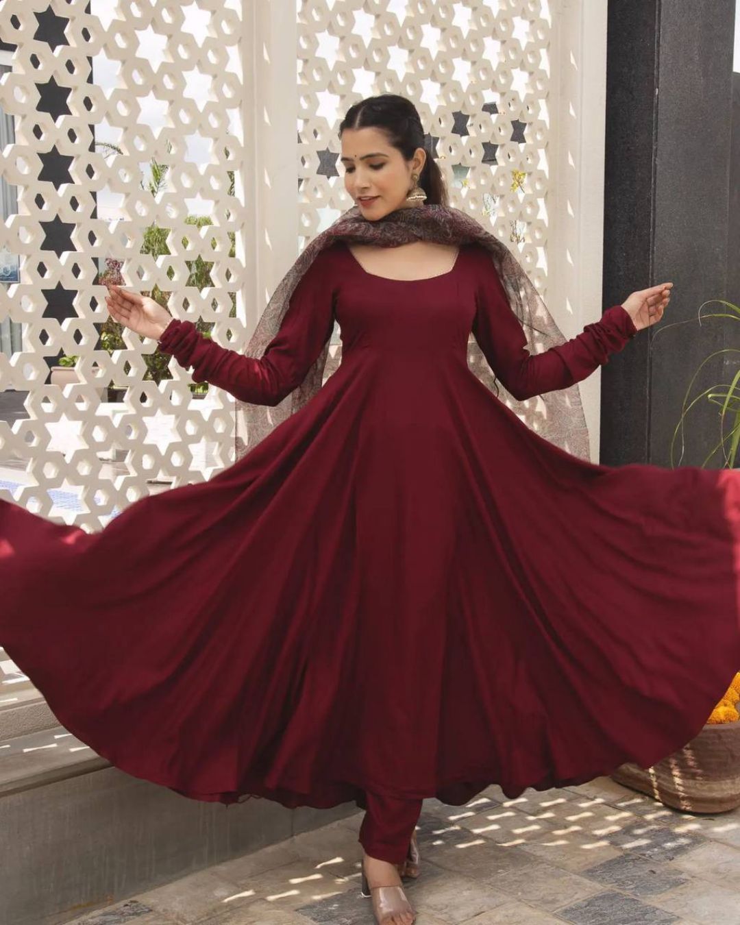 Crimson Maroon Faux Georgette Base Anarkali