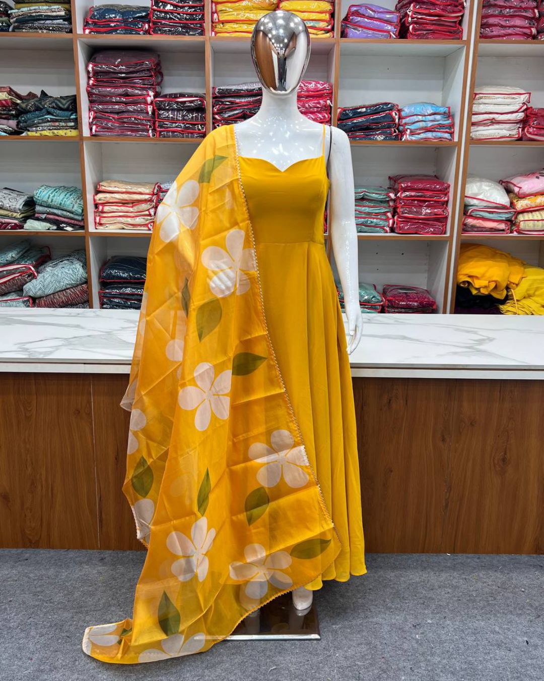 Beautiful Georgette Material Yellow Color Gown