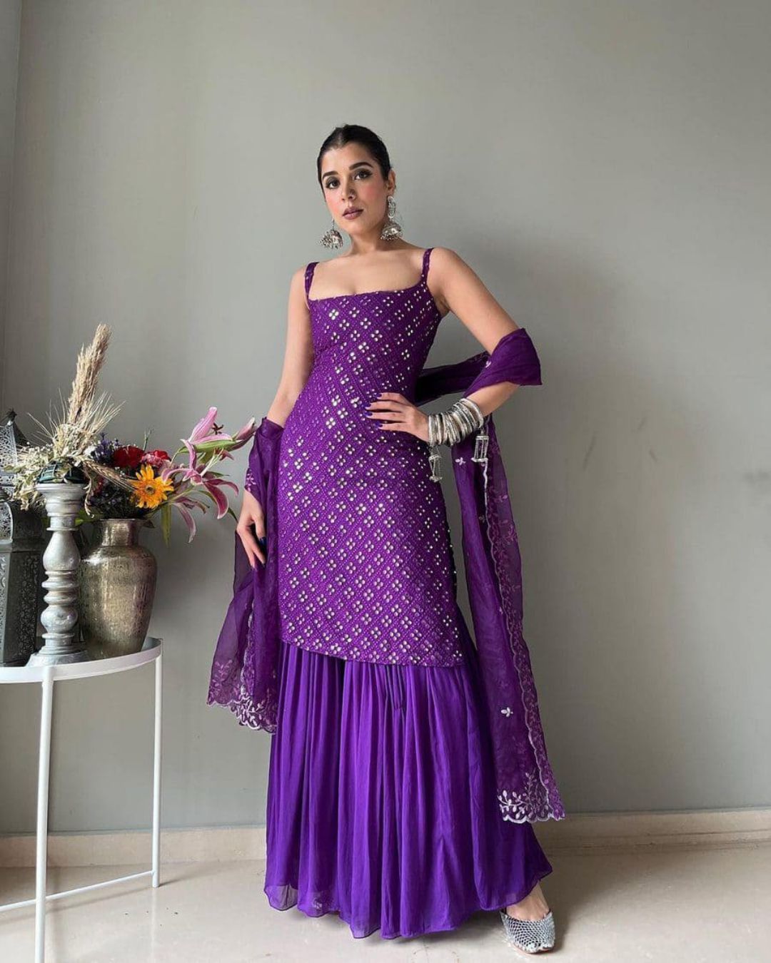 Purple Embroidery Work Heavy Georgette Palazzo Dress