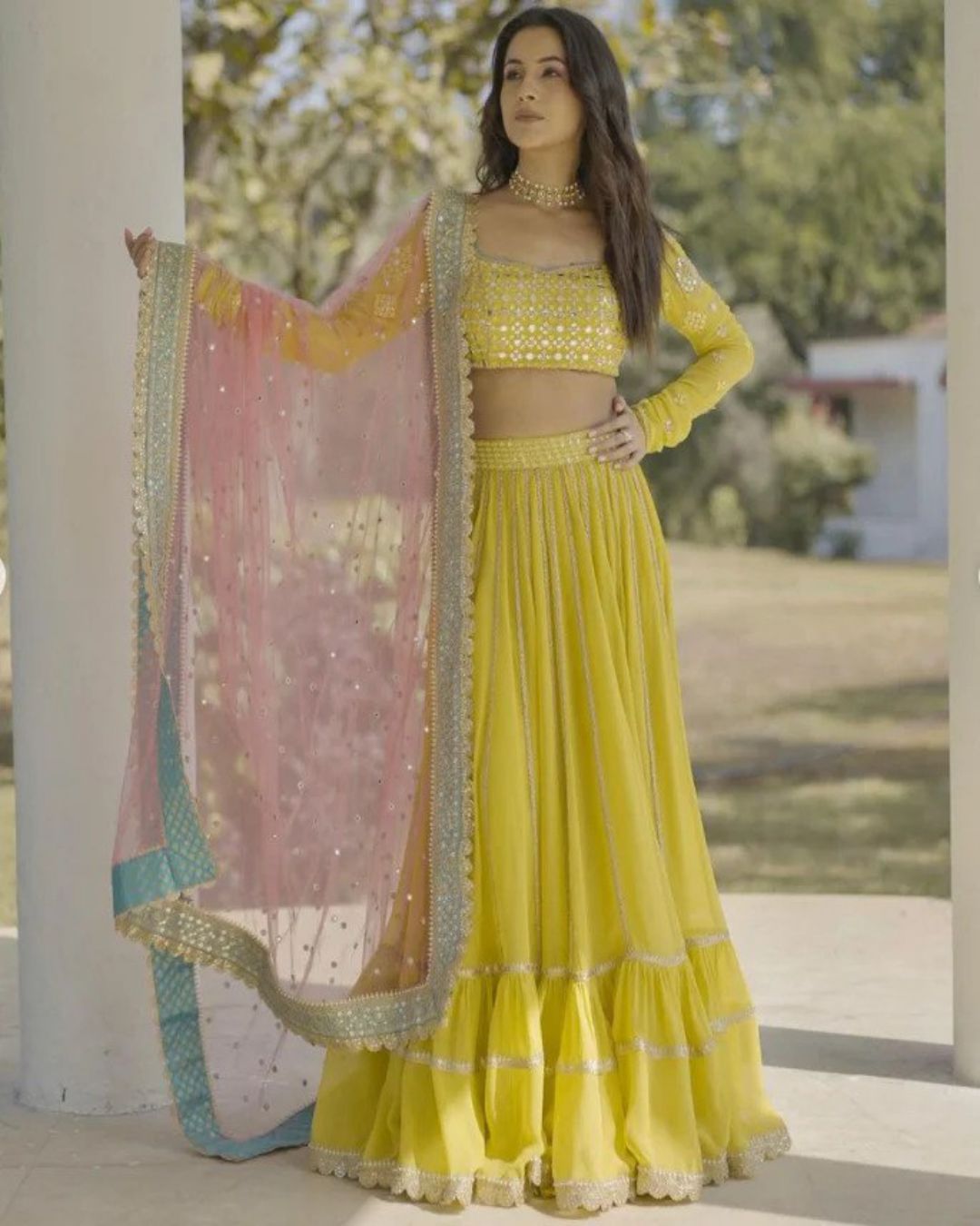 Yellow Designer Embroidered Lehenga Choli In Georgette For Bridal Marriage Mehendi Sangeet Party Wear