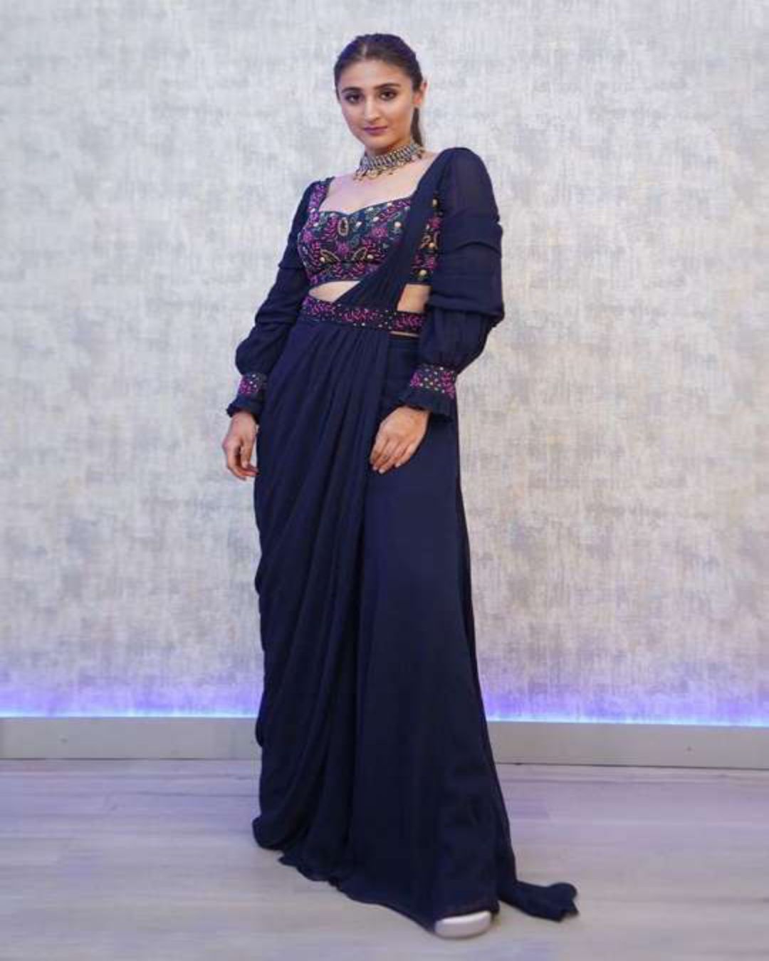 Navy Blue Color Georgette Fabric Thread And Zari Work Palazzo Salwar Suit