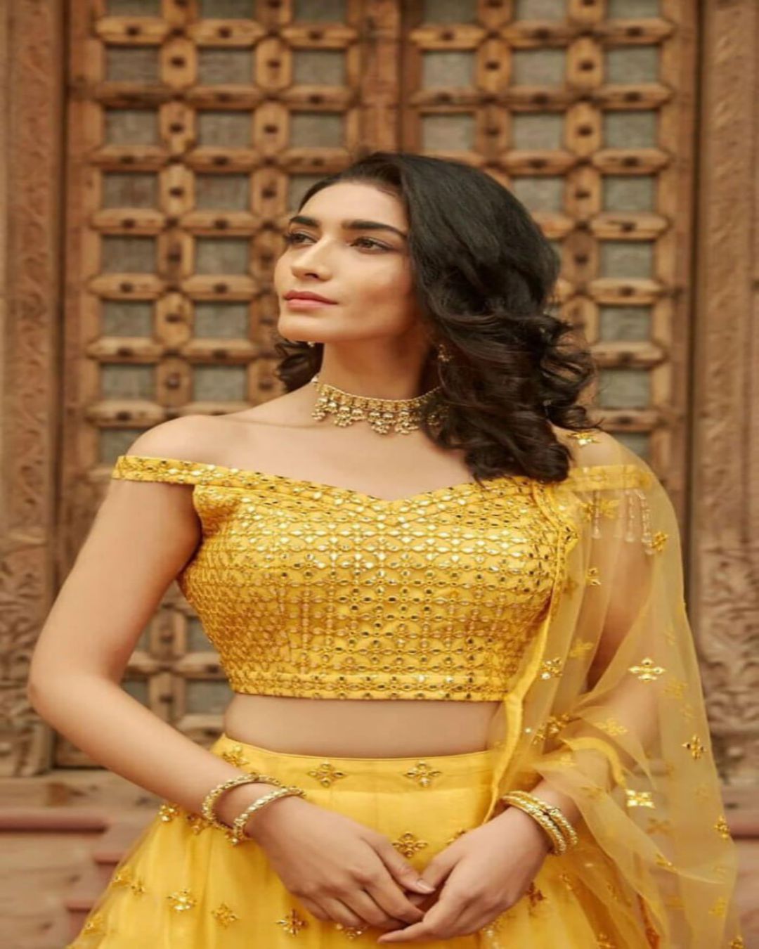 Yellow Embroidered Semi-Stitched Lehenga In Pure Organza