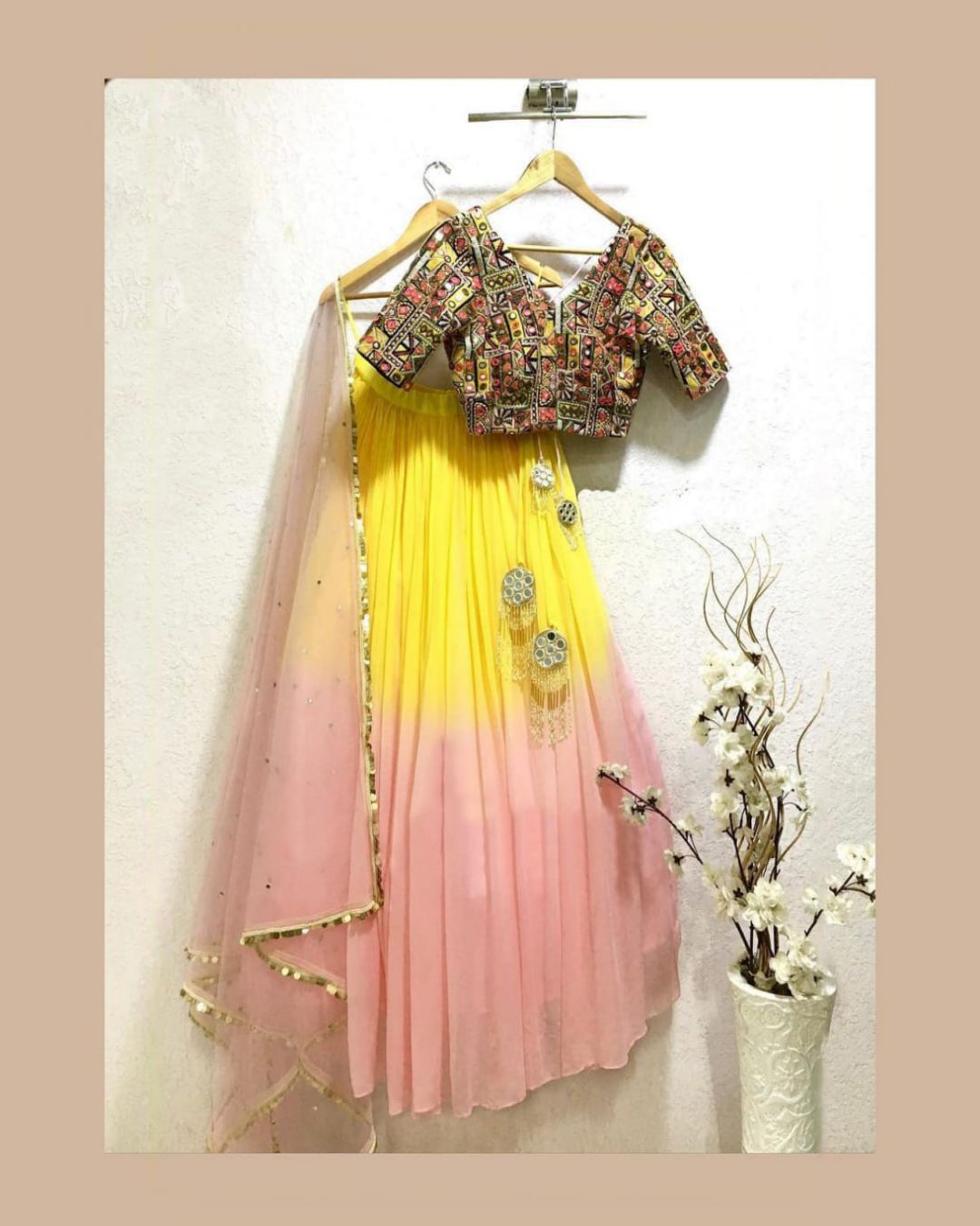 Heavy Work Blouse With Pink N Yellow Lehenga