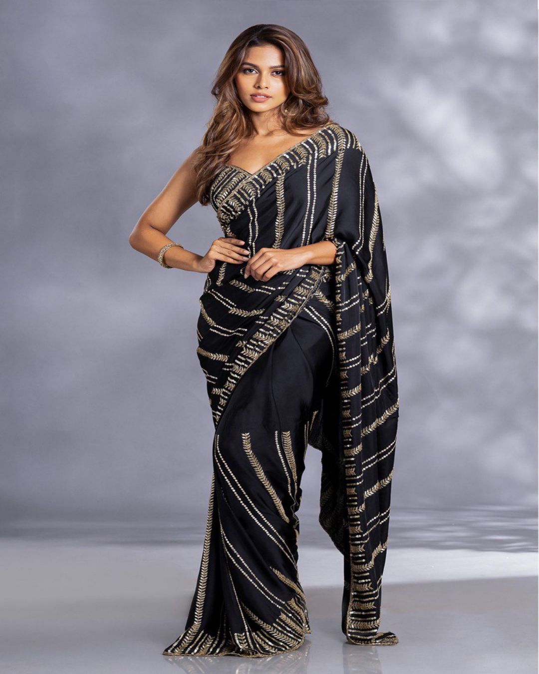 Georgette Party Wear Saree in Black and Grey with Embroidered work