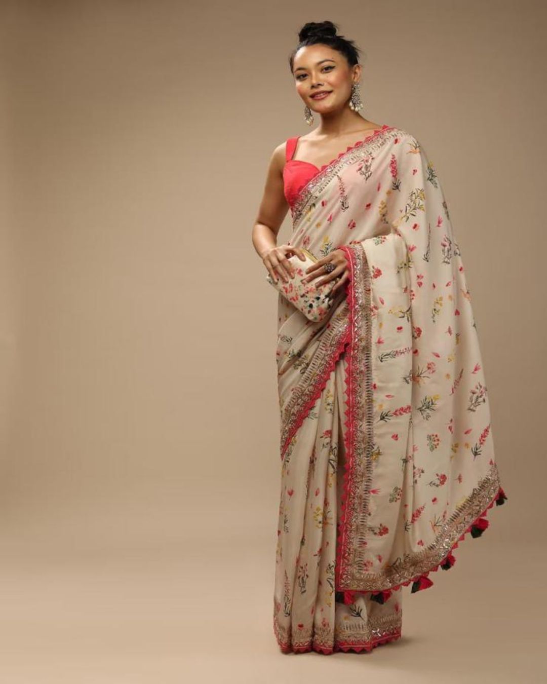 Beige Chinnon Embroidery Printed Saree