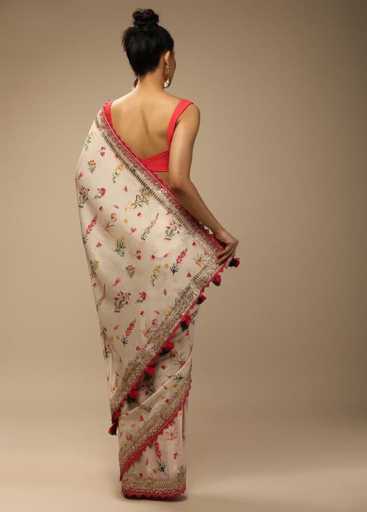 Beige Chinnon Embroidery Printed Saree