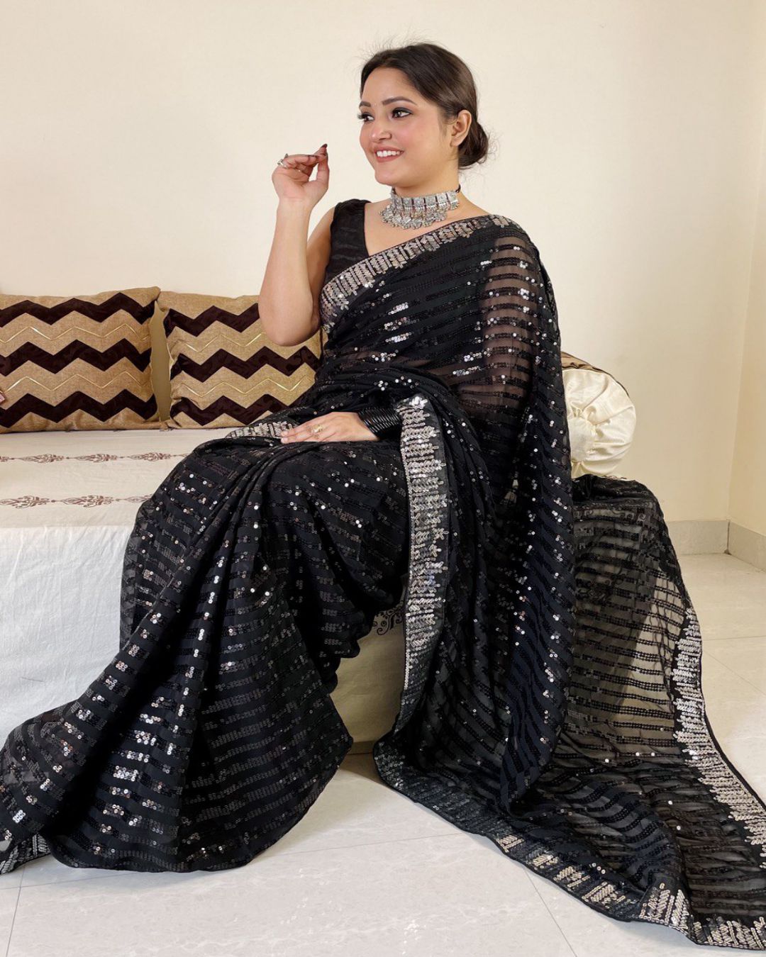 Soft Georgette Beautiful Sequence Embroidery Saree