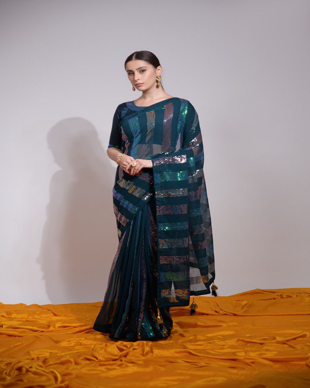 Party Wear Bottle Green Sequins Work Georgette Saree